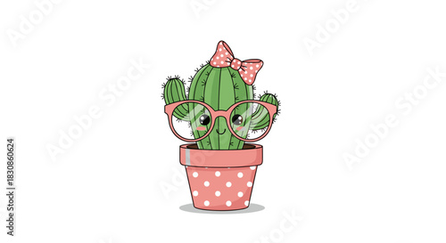 A cheerful and cute cartoon cactus with a sweet face, wearing stylish pink glasses and a polka-dotted bow, sits happily in a matching pink pot.