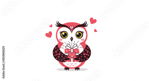 A charming cartoon owl in shades of pink and red holds a heart-themed gift box, surrounded by floating hearts, symbolizing love and affection.