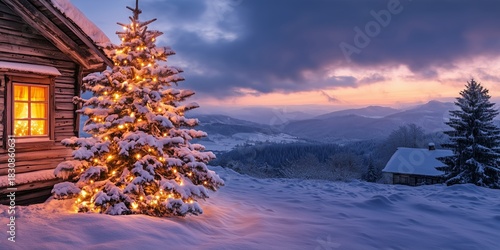 a Christmas tree with candles stands in the snow next to a lonely romantically lit hut in mountains