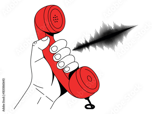 Illustration of a hand holding a red telephone receiver with sound waves