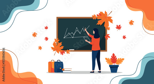 A female teacher drawing a graph on a blackboard in an autumn-themed classroom, symbolizing learning and education.