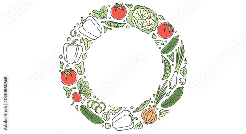 A vibrant collection of fresh, hand-drawn vegetables arranged in a decorative circular frame, highlighting healthy eating and organic produce.