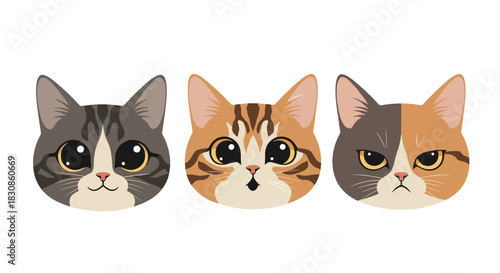 Adorable vector illustration of three distinct cat faces, each displaying a unique emotion: happiness, surprise, and anger.