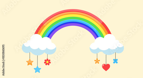 A cheerful and colorful rainbow with cute clouds on either side, featuring dangling stars, flowers, and a heart.