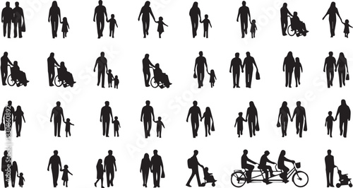 Big set of Family and Parents with Children Walking Silhouettes Vector Collection Isolated