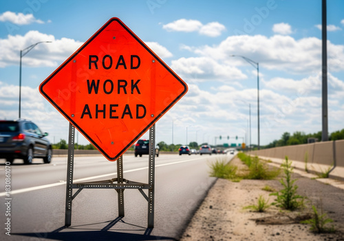 Bright orange road work ahead sign on the side of a highway warning drivers indicating construction zone