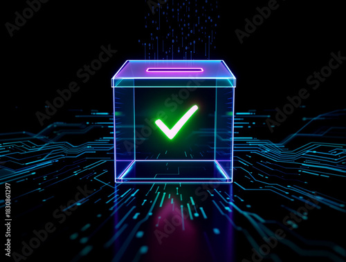 Digital Ballot Box: A glowing digital ballot box signifies secure and modern voting process, capturing the essence of digital governance and secure participation.