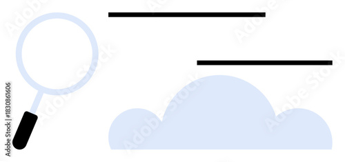 Magnifying glass searching over cloud symbol with text lines. Ideal for analytics, cloud storage, data search, exploration, information retrieval, cloud computing, simple flat metaphor