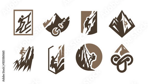 8 Mountain Climbing Logo Set Adventure and Summit Identity Collection