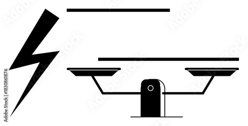 Bolt and balance symbolize tension between power and fairness. Ideal for justice, conflict, equality, energy, decision-making, law, corporate ethics. Modern simple flat metaphor