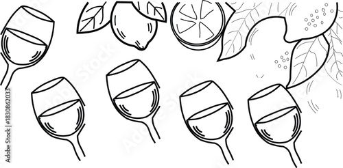 Illustration of wine glasses and citrus leaves with lemon slice

