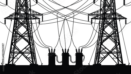 Twin High-Voltage Transmission Towers and Transformers Silhouette, Complex Electrical Substation Hub, Energy Grid Infrastructure Vector, Cad Drawing Flat Illustration