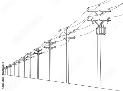 Technical Line Drawing of Utility Poles with Transformer and Receding Power Lines, Electrical Distribution Network, Cad Drawing Flat Vector Outline