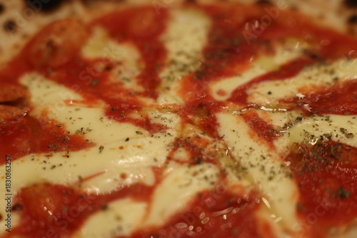 Close-up of a simple pizza with melted cheese, tomato sauce, and sprinkled herbs sliced into pieces