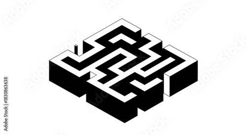Isometric black and white labyrinth maze illustration with geometric block structure for abstract problem solving and strategy concepts