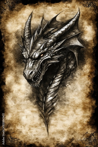 Majestic dragon head surrounded by ancient scroll-like background in a mystical setting