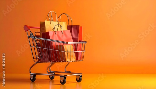 shopping cart full of shopping bags or gifts isolated on orange background