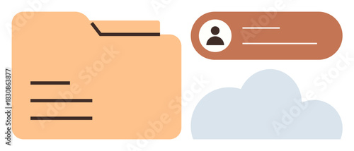 Folder icon, user profile badge, and cloud symbol for organizing files, managing profiles, and data storage. Ideal for file sharing, cloud storage, backup, data security collaboration information