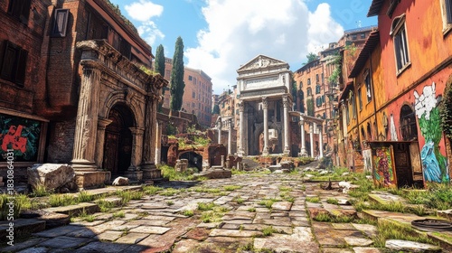 Fototapeta Naklejka Na Ścianę i Meble -  A view of ancient Roman ruins in Rome, Italy, with a sunny sky and old buildings. The image shows architectural details and historical context.