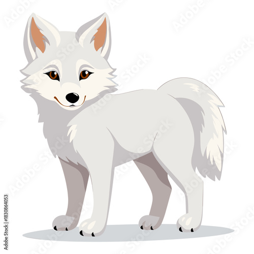 A cute cartoon illustration of an arctic fox standing on a white background