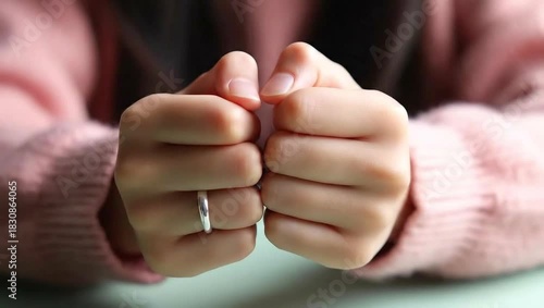 Closeup of womans hands with natural nails and a silver ring on her finger