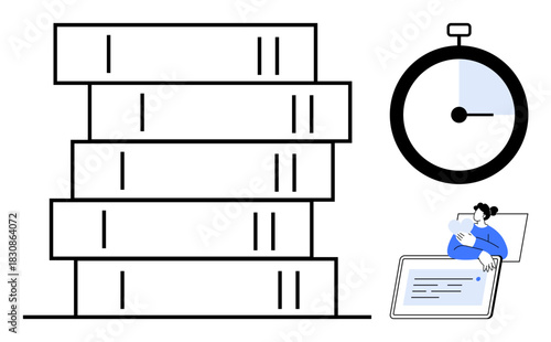 Education concept. Education through books, a stopwatch time management, and a digital workspace. Education for productivity, skill development, online learning, study focus, and career growth