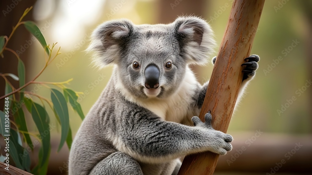 Fototapeta premium Cute koala clinging to a eucalyptus tree branch looking directly at the viewer