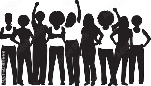 Diverse group of women silhouetted with raised fists in solidarity