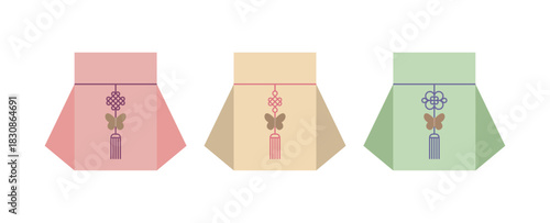 A traditional Korean lucky bag set featuring traditional decorative elements, including norigae knots and butterfly motifs. Ideal for Seollal (Lunar New Year) design and Asian promotional designs.
