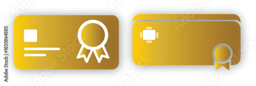 Golden Digital Certificate Card Icons with Award Ribbon and Chip Vector
