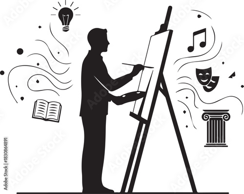Artist painting creative ideas with symbols of inspiration and art forms