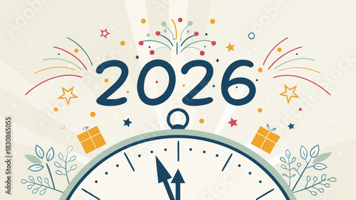 “2026 New Year Countdown Clock – Midnight Timepiece with Bold 2026 Typography, Sparkling Highlights, Festive Celebration Theme, Modern Vector Illustration Design”