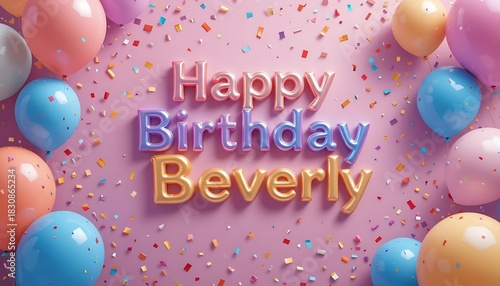 Happy birthday beverly message with balloons and confetti on a pink background