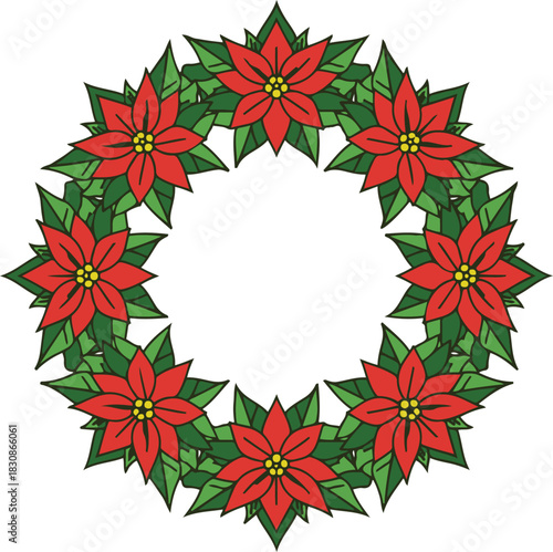 A festive Christmas wreath illustration composed of vibrant red poinsettia flowers and green leaves arranged in a decorative circular frame.