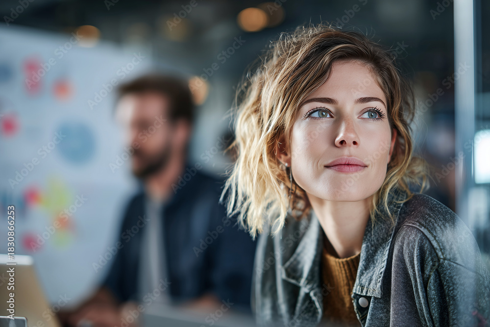 Obraz premium Confident young professional woman in a modern office, looking thoughtfully into the distance while collaborating in a creative startup workspace