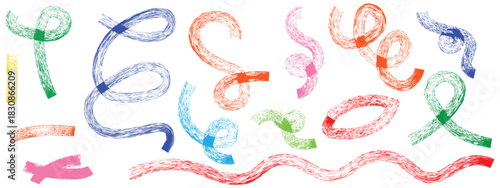 Collection colorful bold curved lines with loops isolated on white. Hand drawn bold grunge wavy and swirled brush strokes. Simple childish vector scribbles and squiggles. Creative trendy style design