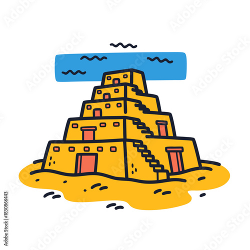 Hand-drawn illustration of ancient stepped pyramid structure on a sandy landscape, depicting a historical travel destination for cultural exploration designs