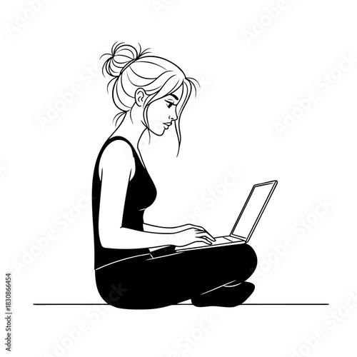 Young woman engrossed in her laptop, working from home with focused determination and digital productivity