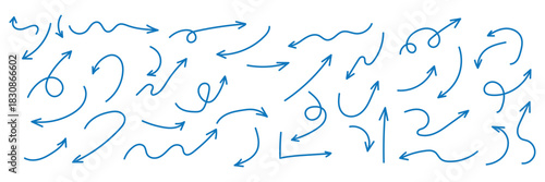 Squiggly arrows doodle set. Curve and Spiral comic symbols in sketch style. Hand drawn vector illustration isolated on white background