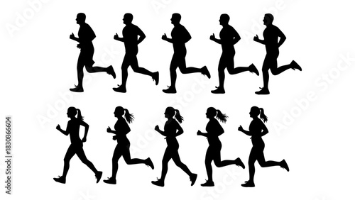 Vector running sequence illustrating continuous athletic motion with diverse male and female silhouettes