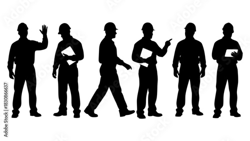 Diverse poses of construction professionals and industrial worker silhouettes set for various projects