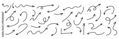 Squiggly arrows doodle set. Curve and Spiral comic symbols in sketch style. Hand drawn vector illustration isolated on white background