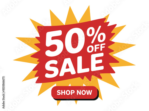 A promotional sale sign featuring a fifty percent off discount offer today