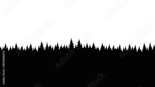 Striking vector graphic of a dark forest silhouette, a minimalist evergreen treeline design for nature-themed backgrounds