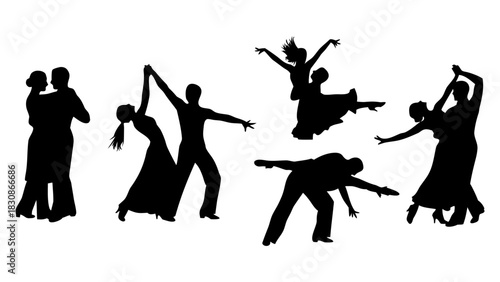 Stylish vector set of dynamic partner dancing figures, embodying grace, rhythm, and expressive movement