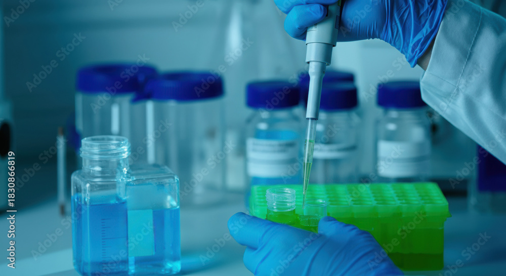 Fototapeta premium Scientist pipetting liquid into green tube rack in clinical laboratory setting