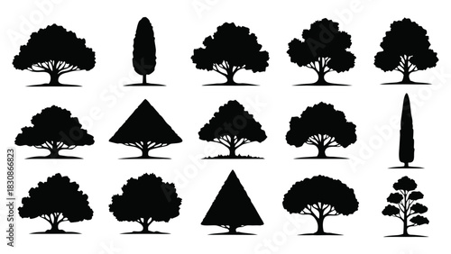 Assorted tree silhouettes vector graphic concept elements for design, illustrating diverse plant shapes and forest vegetation