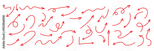 Hand drawn arrows icon set. Sketch curved arrows design. Arrow handmade. Doodle arrows of varios shapes and directions. Pointer and cursor icons.