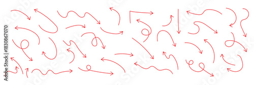 Hand drawn arrows icon set. Sketch curved arrows design. Arrow handmade. Doodle arrows of varios shapes and directions. Pointer and cursor icons.