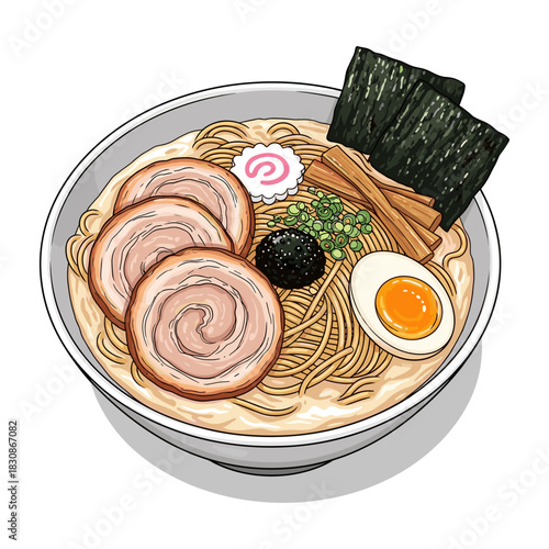 A detailed illustration of a traditional Japanese ramen noodle soup bowl with chashu pork, soft-boiled egg, and seaweed toppings.